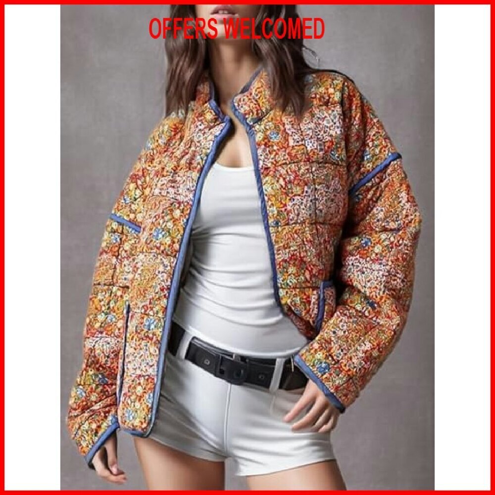 Women's Cropped Quilted Jacket Lightweight Padded Open Front Cardigan - Picture 7 of 8